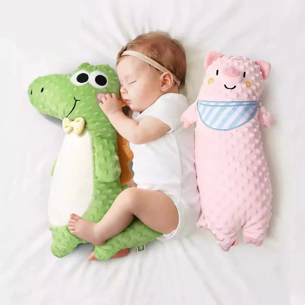 Soft Minky Dot Baby Soothing Pillow - Long Stuffed Animal Plush (Crocodile/Pig) for Newborn Sleeping Support & Sensory Comfort