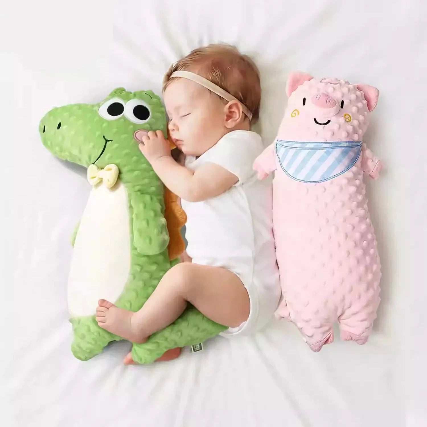 Soft Minky Dot Baby Soothing Pillow - Long Stuffed Animal Plush (Crocodile/Pig) for Newborn Sleeping Support & Sensory Comfort