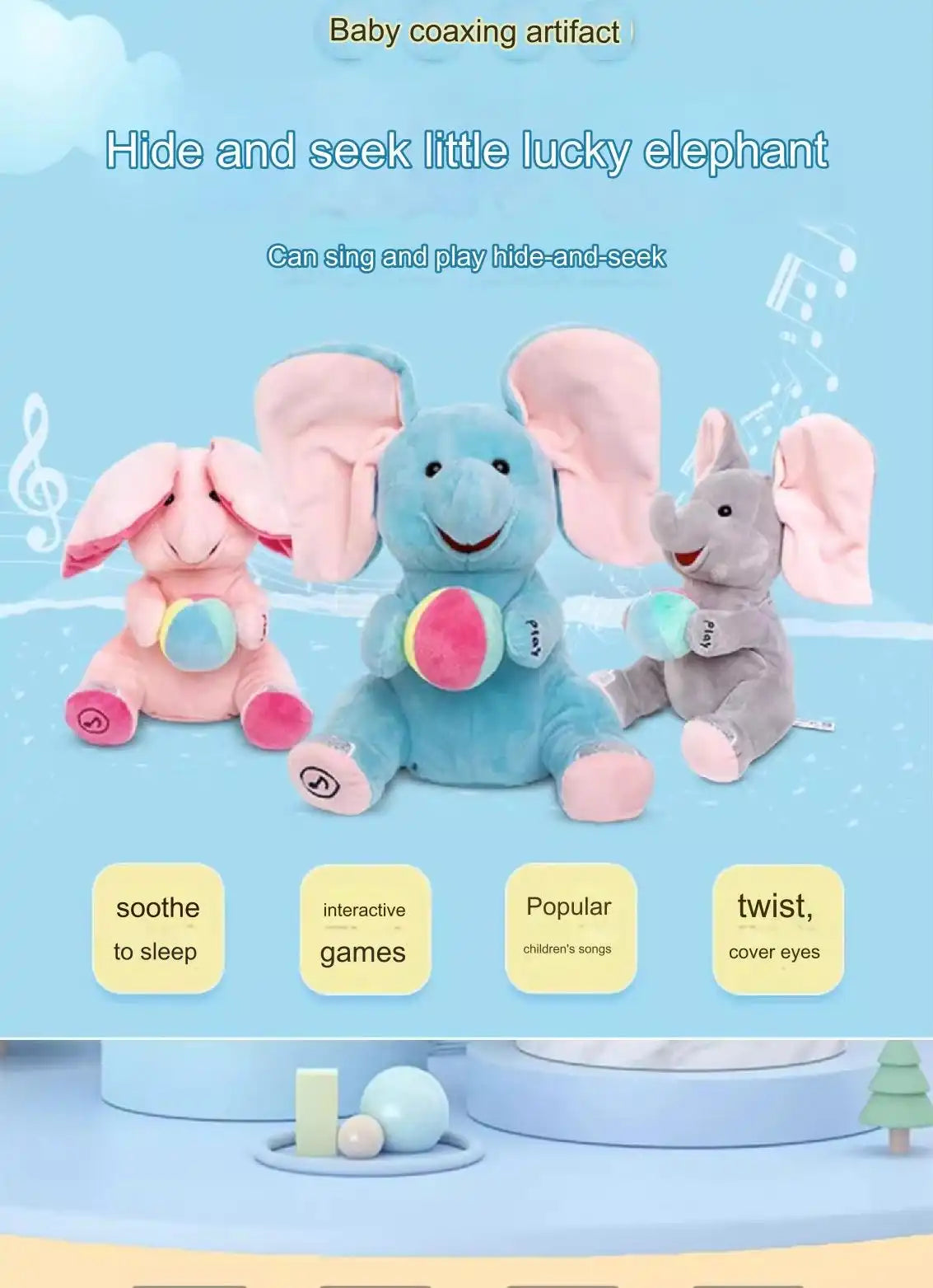 EACAOFG Peek-a-Boo Animated Plush Toy - Singing & Hiding Elephant/Bear Companion - Interactive Musical Stuffed Animal for Baby & Toddler