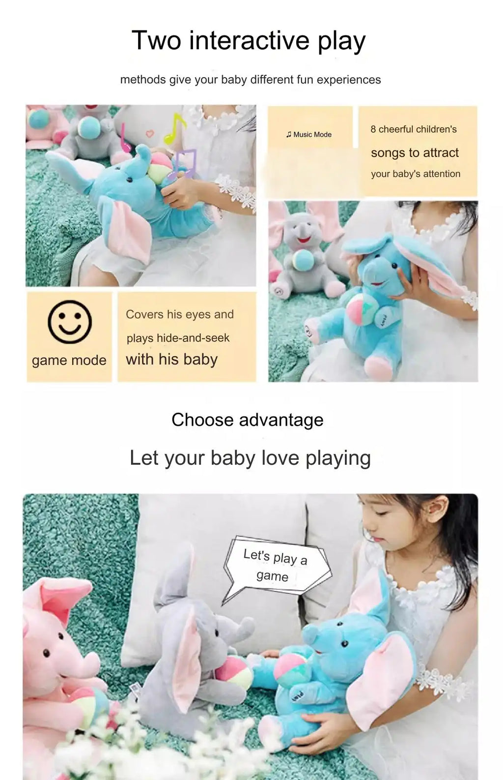 EACAOFG Peek-a-Boo Animated Plush Toy - Singing & Hiding Elephant/Bear Companion - Interactive Musical Stuffed Animal for Baby & Toddler